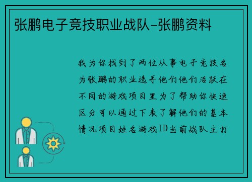 张鹏电子竞技职业战队-张鹏资料